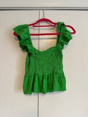 Nation Top Kelly Green Smocked Ruffle Sleeve Back Tie